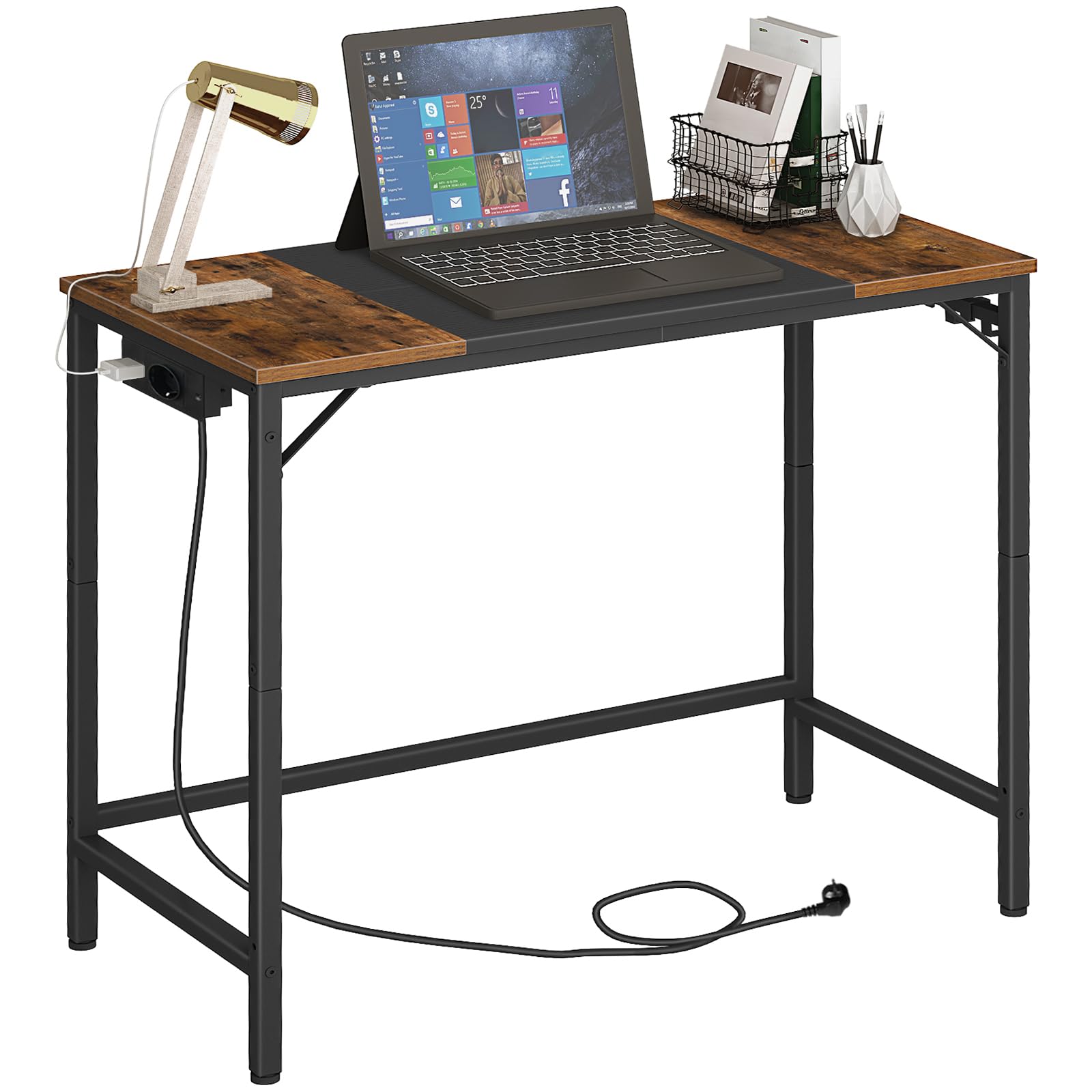HOOBRO Escritorio de Ordenador, Escritorio de Oficina en Casa con Toma de Corriente, Mesa de Estudio Moderna con 3 Ganchos, Robusto y Estable, Montaje Fácil, Marrón Rústico y Negro EBF40CDN01