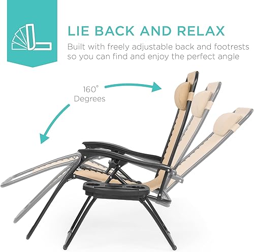 Miniatura 4 de Best Choice Products Juego de 2 sillas reclinables ajustables de malla de acero con gravedad cero con almohadas y bandejas portavasos, color arena