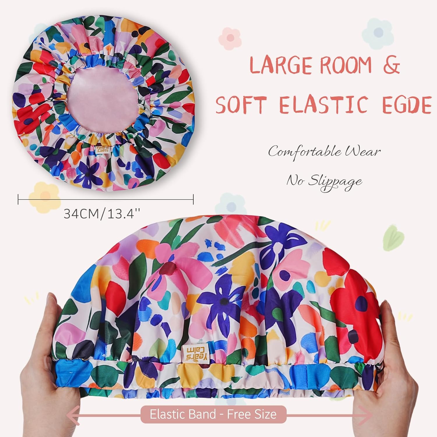 Years Calm Shower Caps for Women Reusable Waterproof, Double-Layer Extra Large Elastic Hair Cap for Shower for Long Hair & Braids, Travel & Home - Image 2