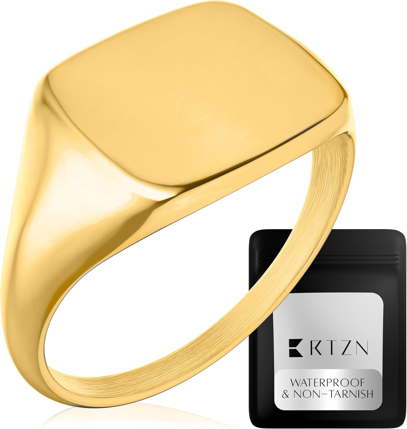 RTZN® Signet Rings for Men — Premium Mens Stainless Steel Rings — 100% Waterproof & Non Tarnish Plain Statement Mens Signet Ring Gold/Silver Pinky Ring for Men (SIZE: 6-12)