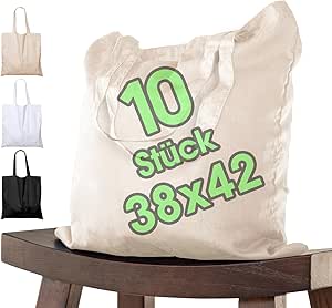 10 STÜCK Baumwolltasche 38x42 cm unbedruckt, zwei lange Henkel OEKO-TEX® zertifiziert Stofftasche, Tragetasche, Baumwollbeutel, Einkaufstasche, Jutebeutel, Stoffbeutel Einkaufsbeutel zum bemalen Natur