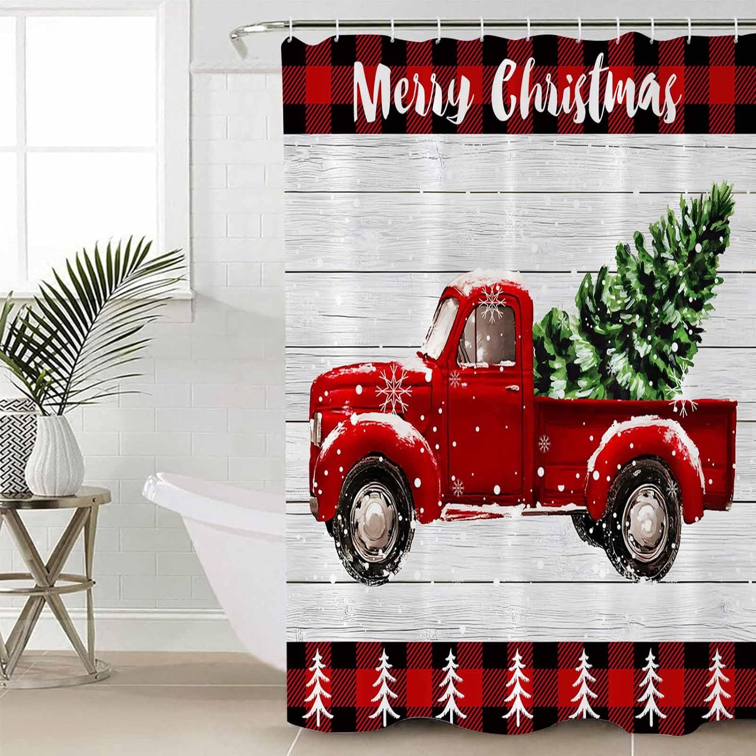 Christmas Red Truck Pull Xmas Tree on Wood Waterproof Shower Curtains Set - Stall 54 x 78 Inch, Merry Christmas Polyester Fabric Bathroom Curtain with 12 Hooks, Bathroom Accessories, 1 Panel
