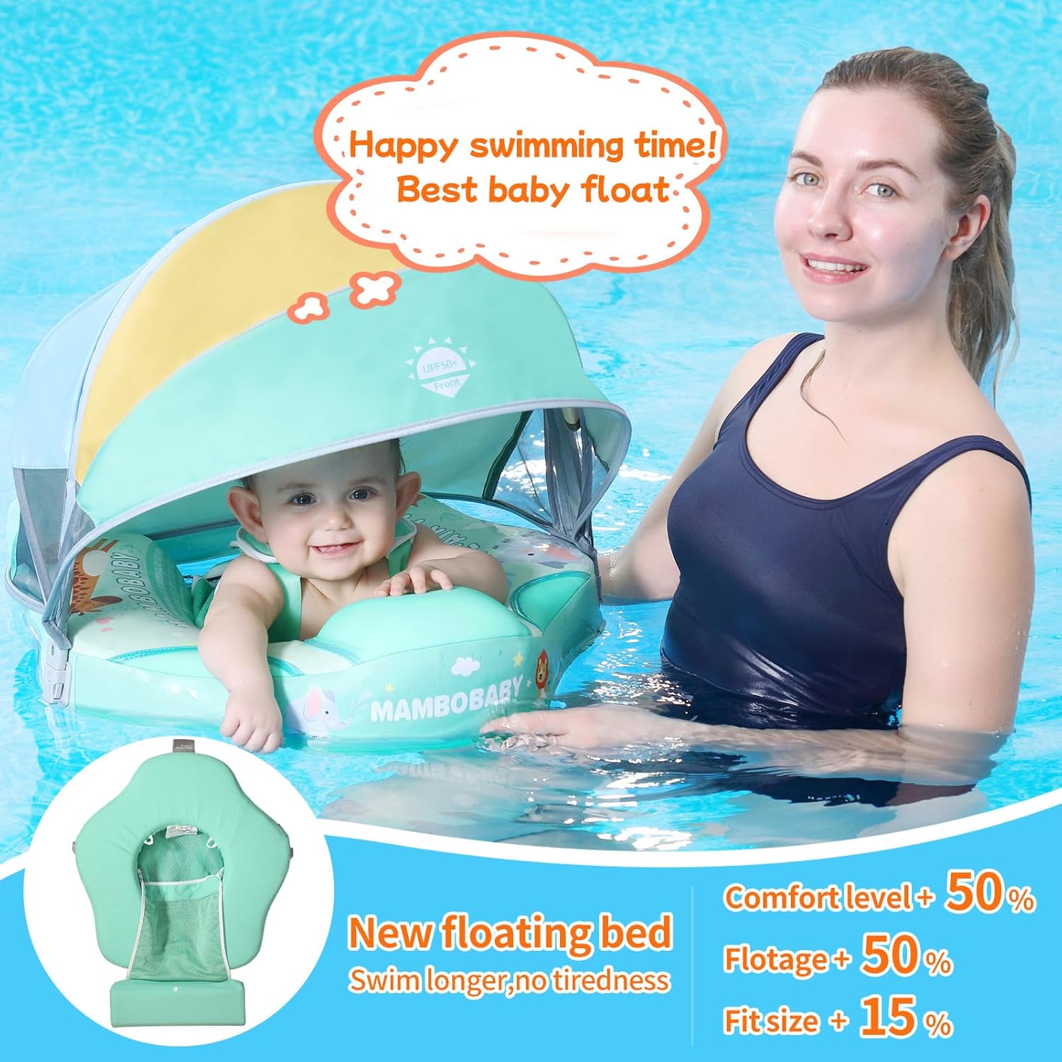 Mambobaby Float Add Tail No Flip Over Non-Inflatable Baby Swim Float Pearl Foam Solid Water Floats Smart Swim Trainer Infant Pool Float Swim Ring with Sun Canopy