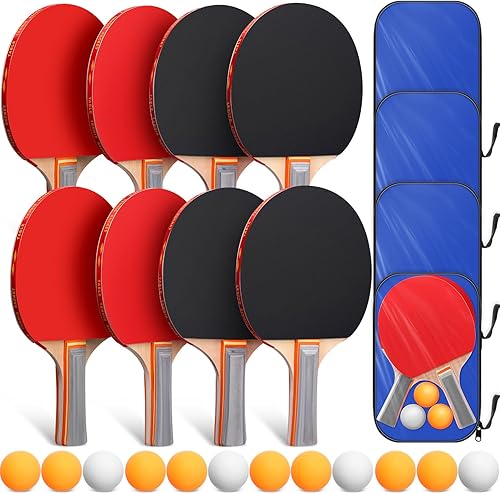 Liliful Juego de 8 raquetas de tenis de mesa a granel, accesorios portátiles de tenis de mesa con 12 pelotas de tenis de mesa y 4 bolsas de