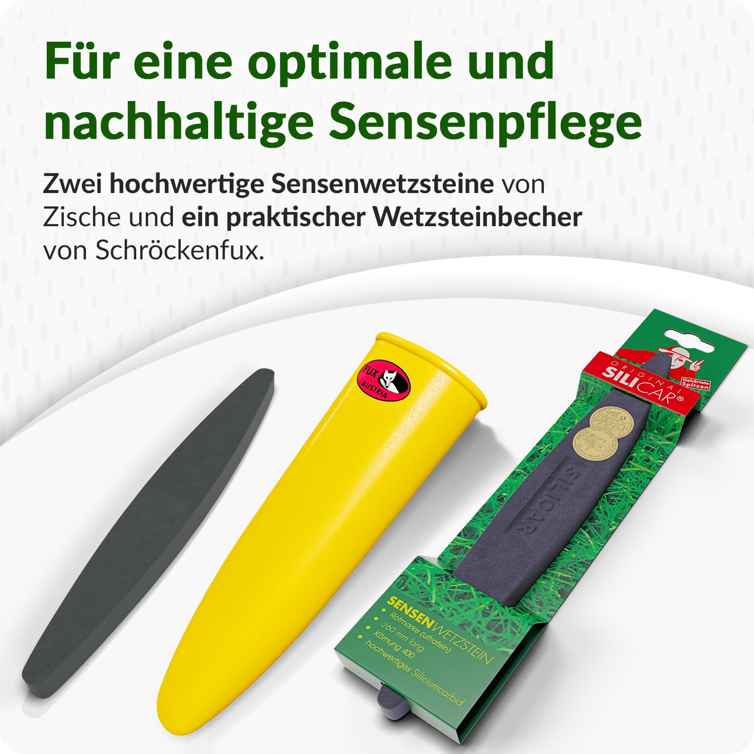 3er Set Wetzstein für Sensen – inkl. Sensenwetzsteine grob NK150 aus Norm alkorund, fein CD400 aus Siliciumcarbid und Schleifsteinhalter für Gürtel