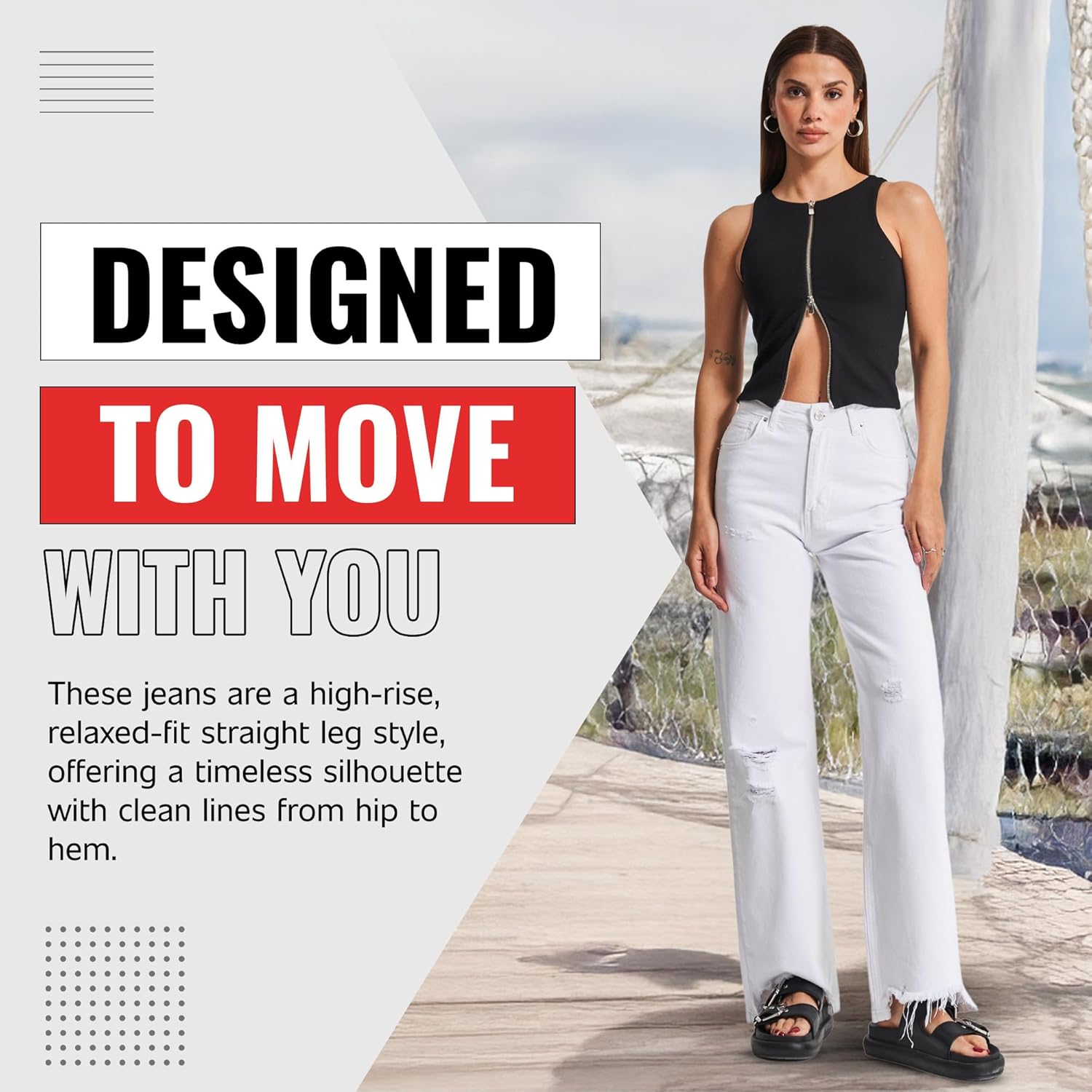 IT'S BASIC High Rise Straight Leg Jeans for Women Loose High Waisted White Jeans Women Straight Leg Casual White Denim Pants