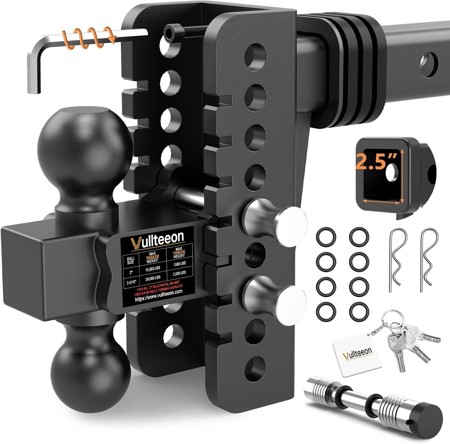 Adjustable Trailer Hitch, Drop Hitch for 2.5 Inch Receiver, Tow Hitch with 6 Inch Drop/Rise, 2" & 2-5/16" Ball Hitches for Trucks, 22,000 LBS GTW, Trailer Hitches with Anti-Theft Pin