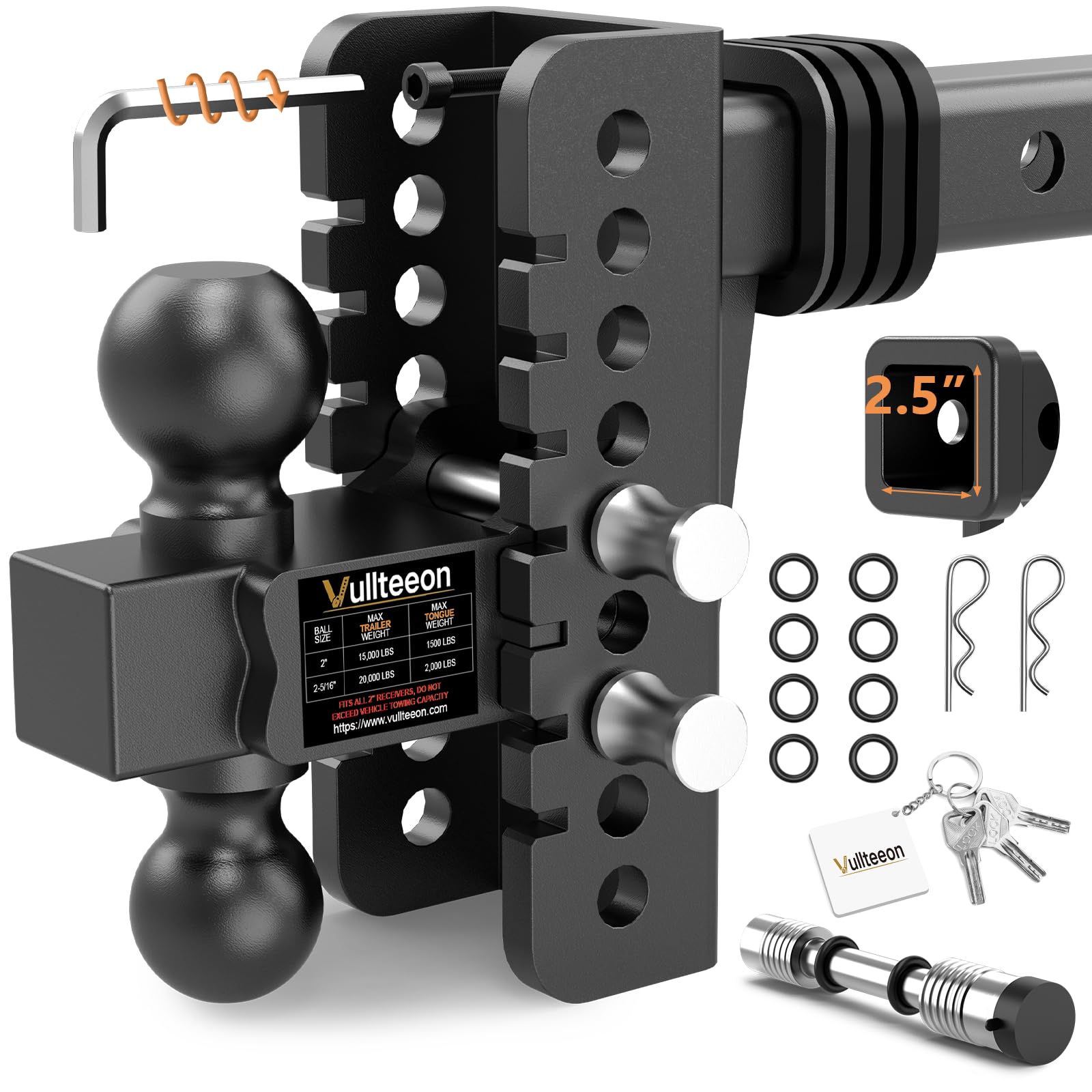 Photo 1 of ***FACTORY SEALED ***
Vullteeon Adjustable Trailer Hitch, Drop Hitch for 2.5 Inch Receiver, Tow Hitch with 6 Inch Drop/Rise, 2" & 2-5/16" Ball Hitches for Trucks, 22,000 LBS GTW, Trailer Hitches with Anti-Theft Pin