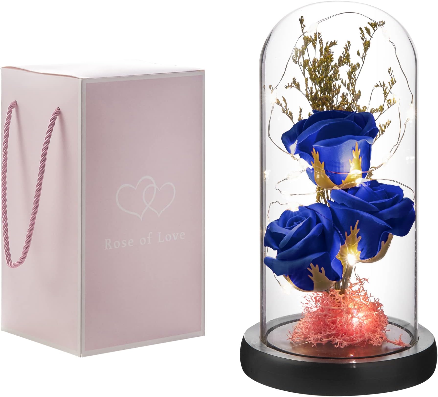 Preserved Flower Gift, Light Up Rose in Glass Dome, Eternal Forever Rose Flower Gifts for Her, Grandma, Mother’s Day, Valentine’s Day, Anniversary, Birthday, Christmas Decorations, Blue