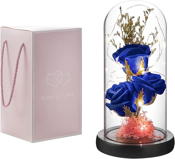Preserved Flower Gift, Light Up Rose in Glass Dome, Eternal Forever Rose Flower Gifts for Her, Grandma, Mothers Day, Valentines Day, Anniversary, Birthday, Christmas Decorations, Blue