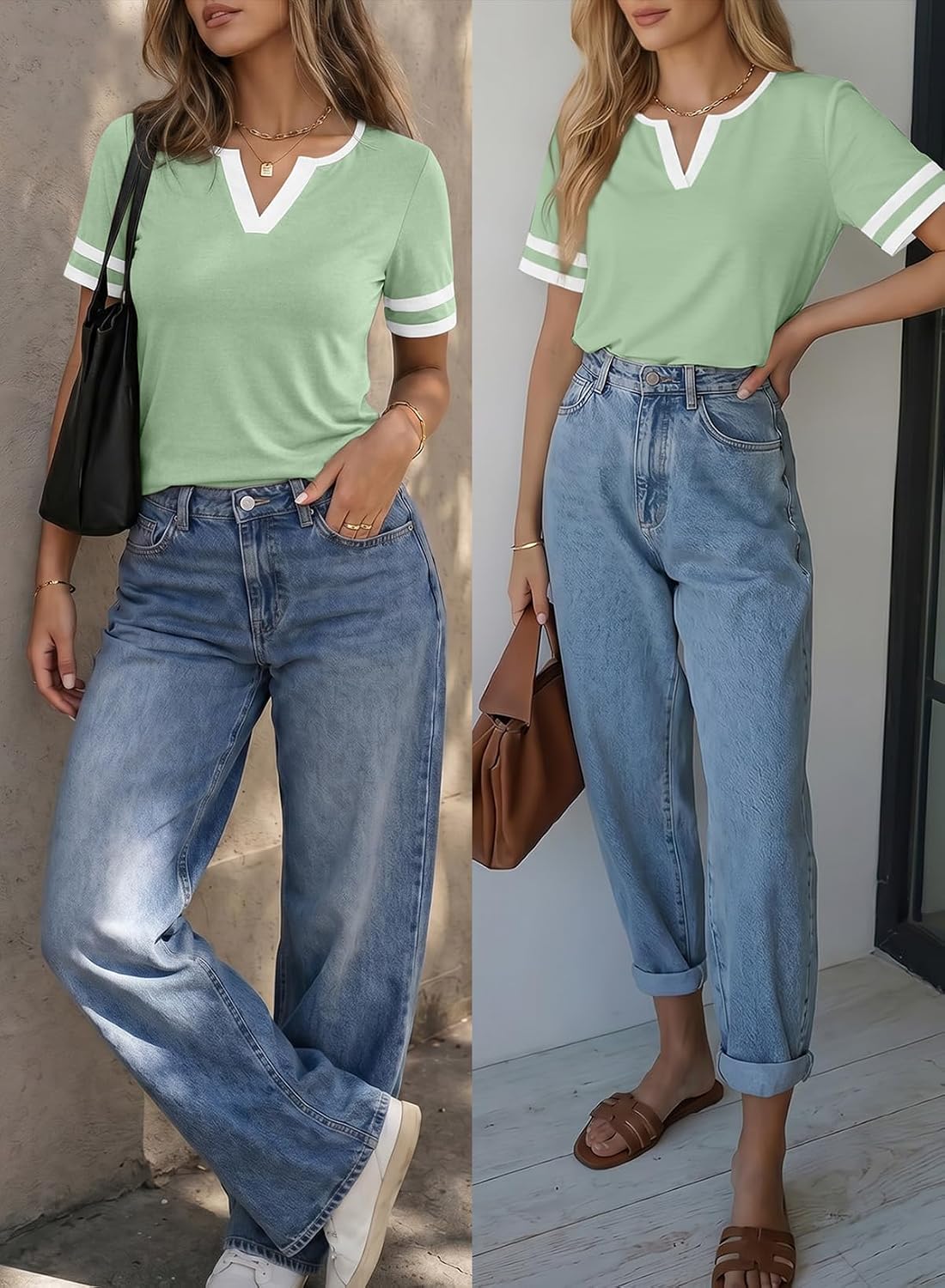 SHEWIN Women's Summer Tops Cotton V Neck Short Sleeve T-Shirts Colorblock Casual Tees 2026 Clothes