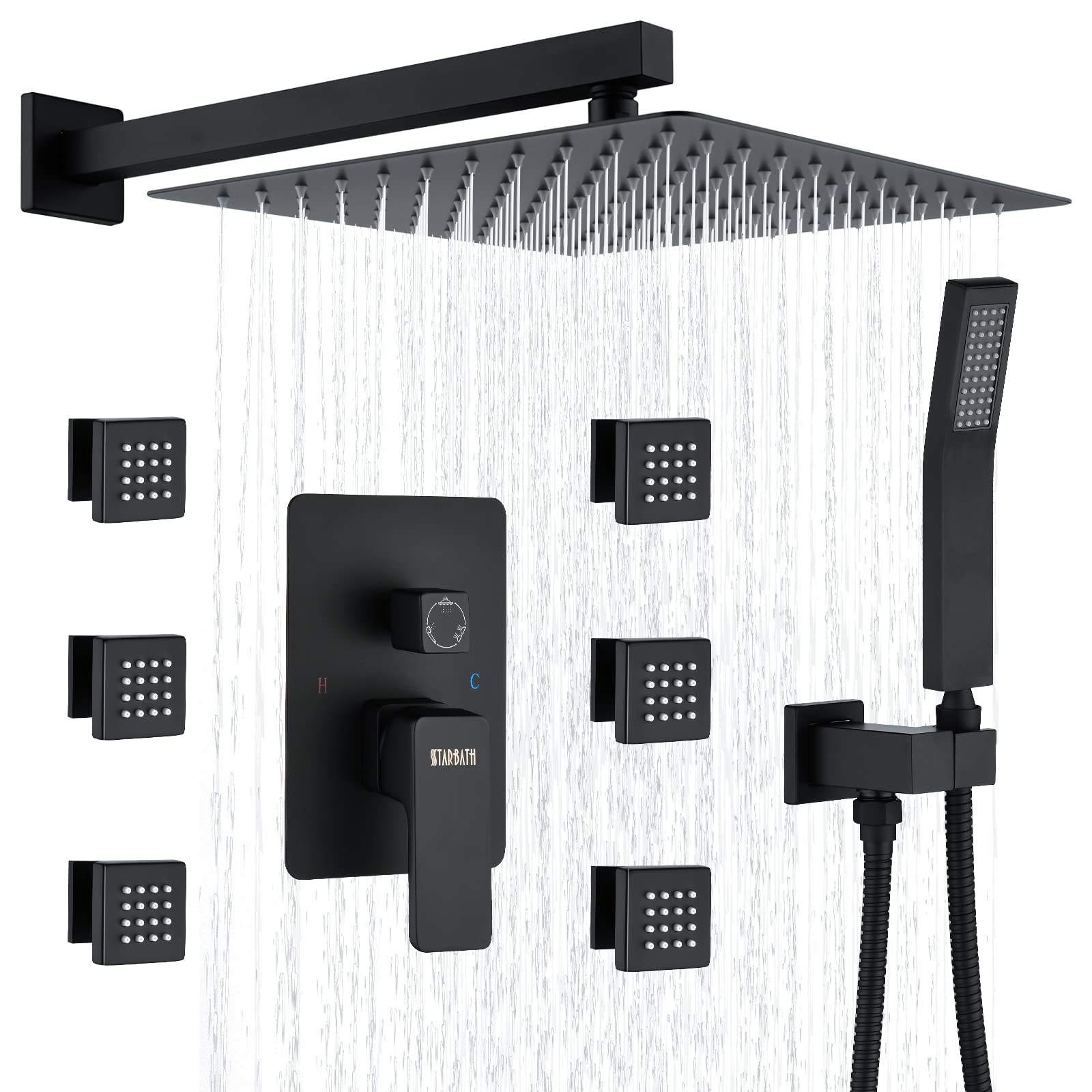 Buy Black Shower Jets System STARBATH 10 Inch Wall ed Rainfall Shower Head with 6 Body Sprays