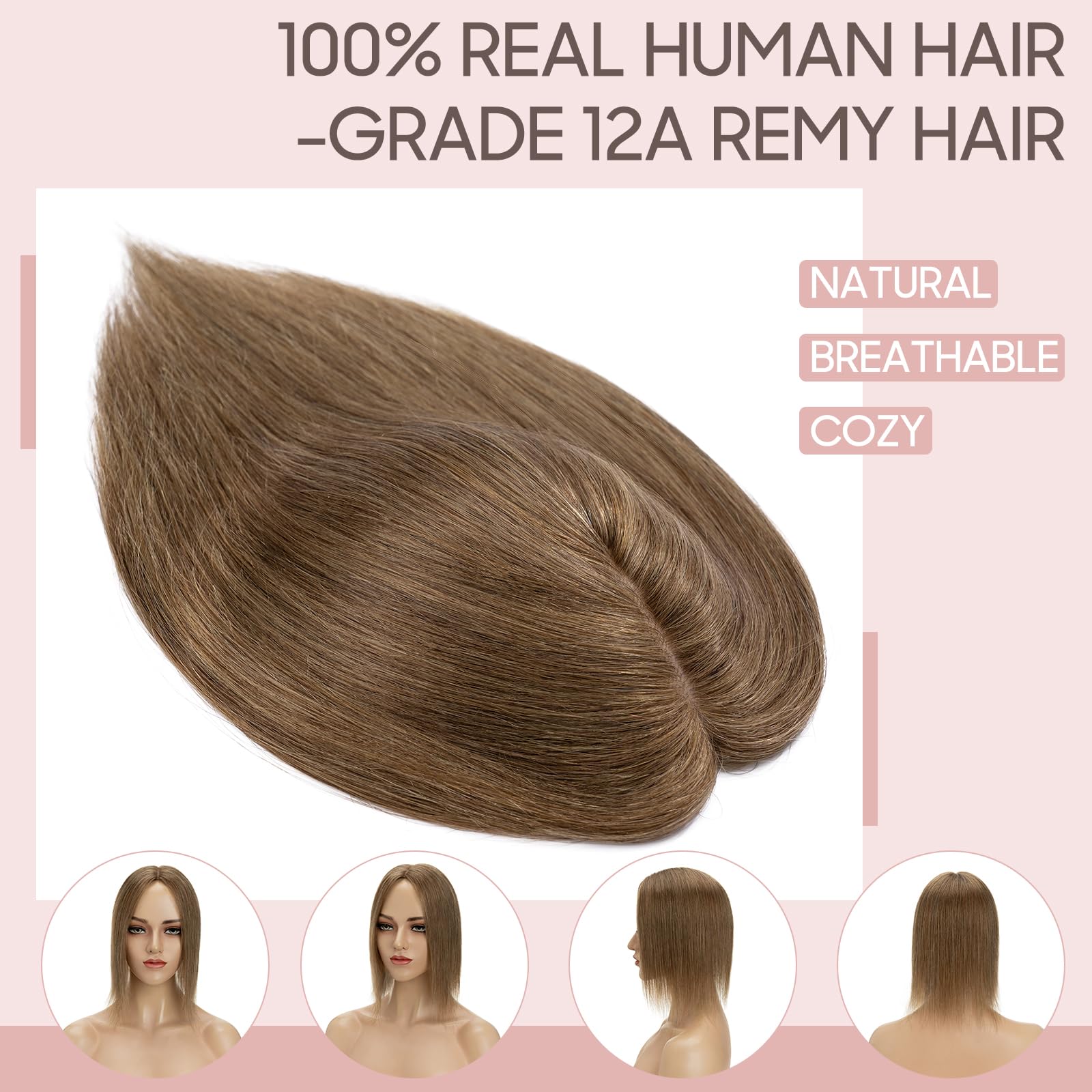 Silk-co Haarteile Echthaar, 10x12cm Haartopper Clip in Extensions Echthaar Topper Haarverlängerung, Toupet Hair Extensions Human Hair für Frauen, Hellbraun 35cm