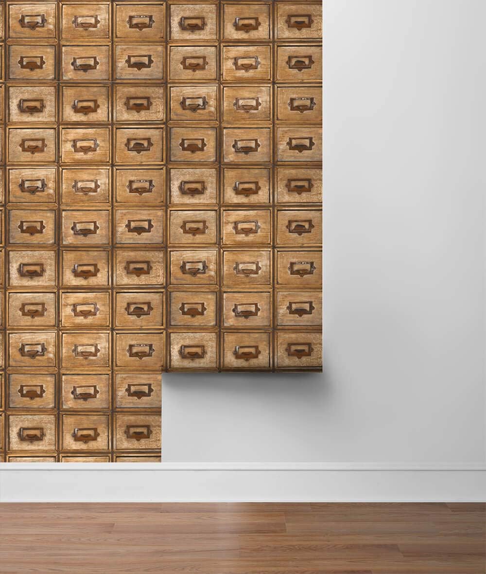 NextWall Faux Library Card Catalog Peel and Stick Wallpaper