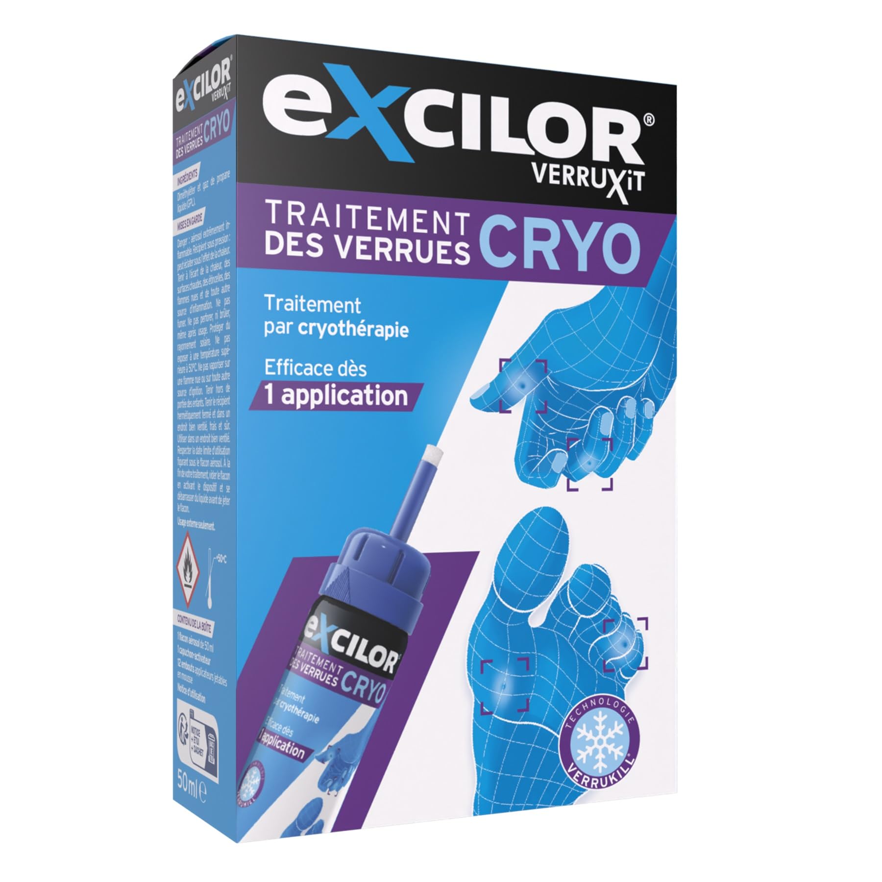 Excilor - Verruxit - Cryo Traitement des verrues - Cryothérapie gelant la verrue jusqu'à la racine - Mains et pieds - 50 ml