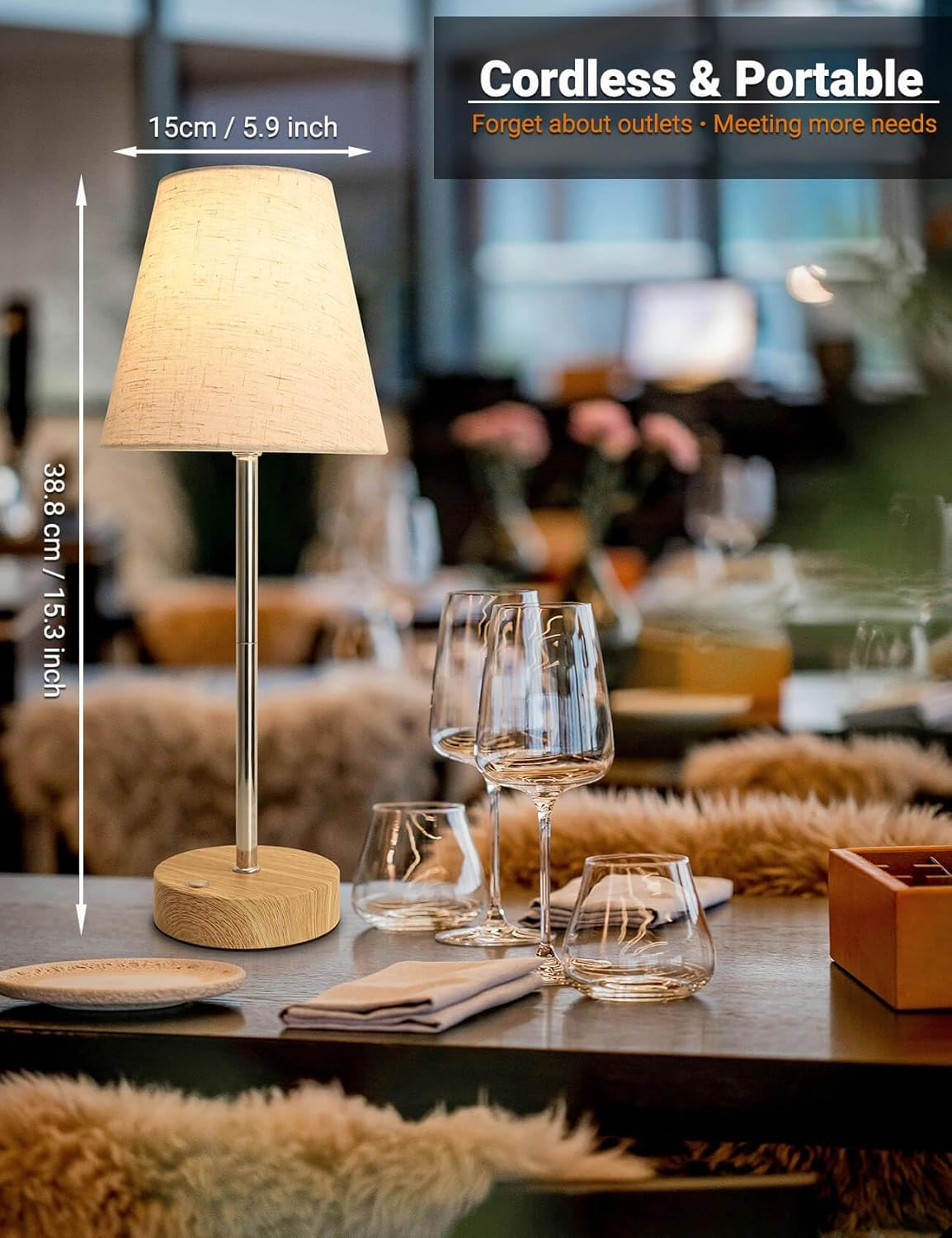 Rechargeable Cordless Table Lamp – 15'' Dimmable LED Bedside Lamps, Touch Lamps Warm Light Battery Operated LED Night Light for Bedroom, Living Room, Dining Table & Christmas Decor, 5000mAh