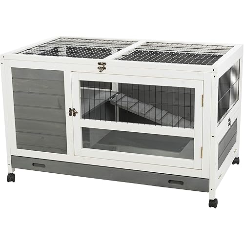 Trixie Natura Small Indoor Rabbit Hutch, Pet House for Rabbits and Guinea Pigs, Bunny Cage on Wheels, Pull Out Tray