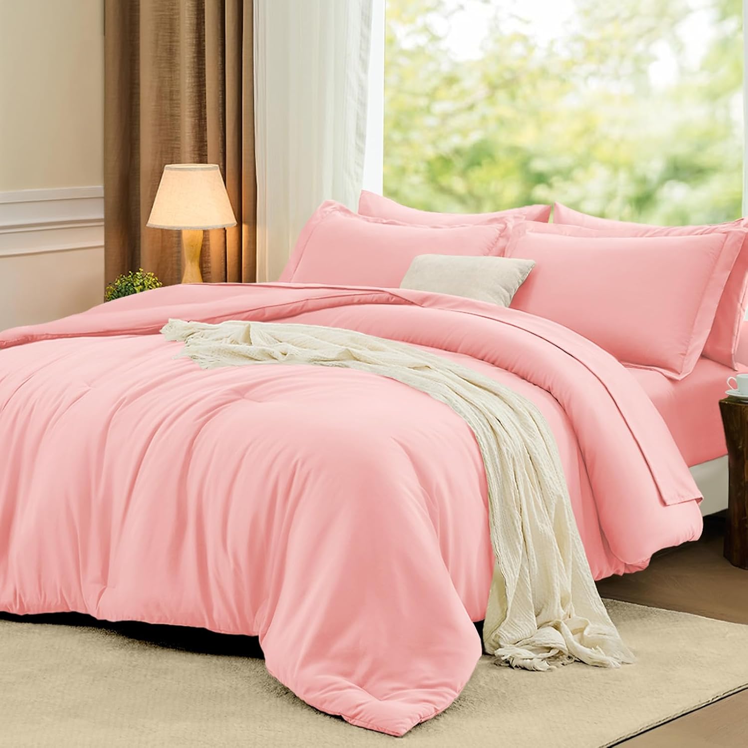 FUANNA Queen Comforter Set Pink, 7 Pieces Soft Bedding Sets Queen Size, All Season Lightweight Bed in a Bag with Comforter, Flat Sheet, Fitted Sheet, Pillowcases & Shams