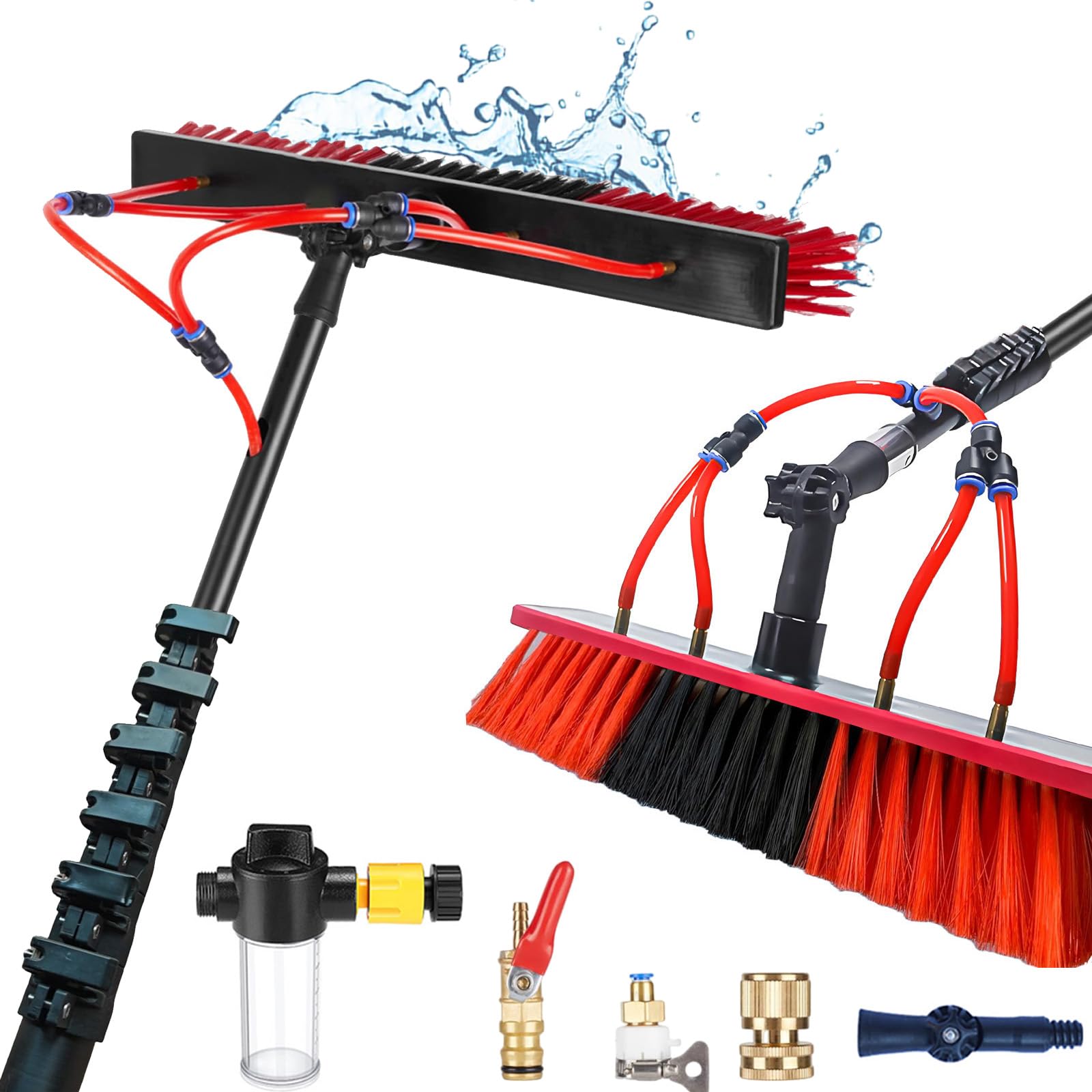 Escoba Telescópica 18.3m para Limpieza con Conexión de Agua, Ligera | Palo Telescópico Limpieza de Fibra Carbono para Placas Fotovoltaicas, con Jabón Dosificador y Manguera 20m, Limpiacristales