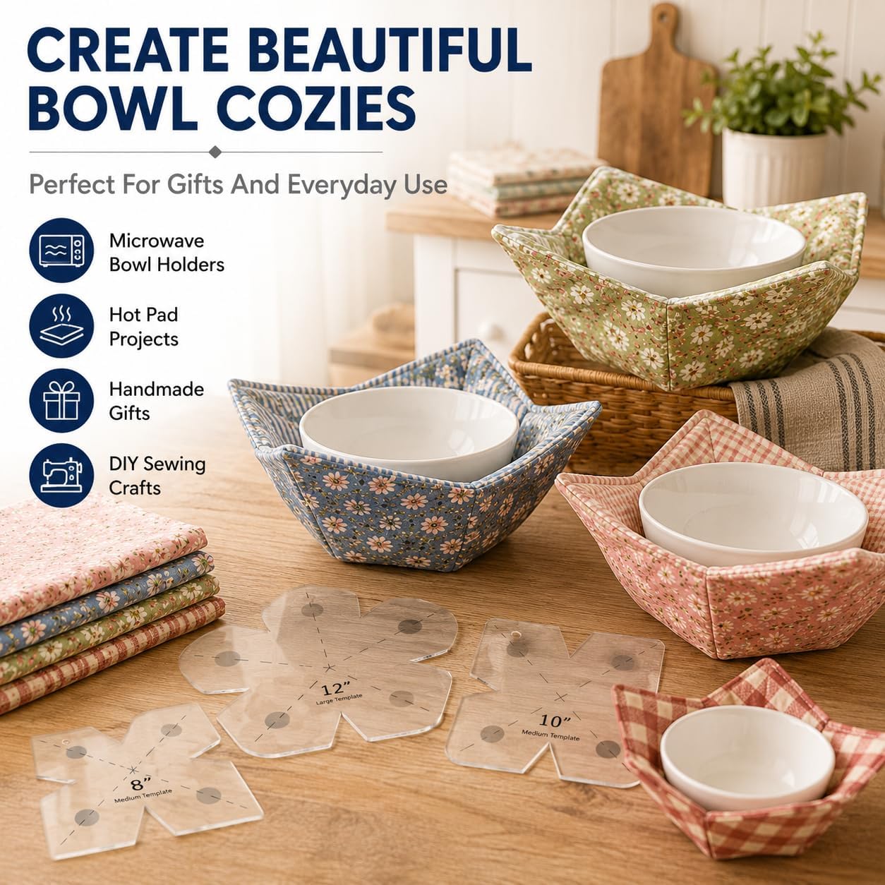 3 Pcs Bowl Cozy Pattern Template, 8/10/12 Inch Clear Acrylic Bowl Wrap Sewing Stencils, Floral Petal Edge Quilting Cutting Template Set for DIY Microwave Bowl Cozy