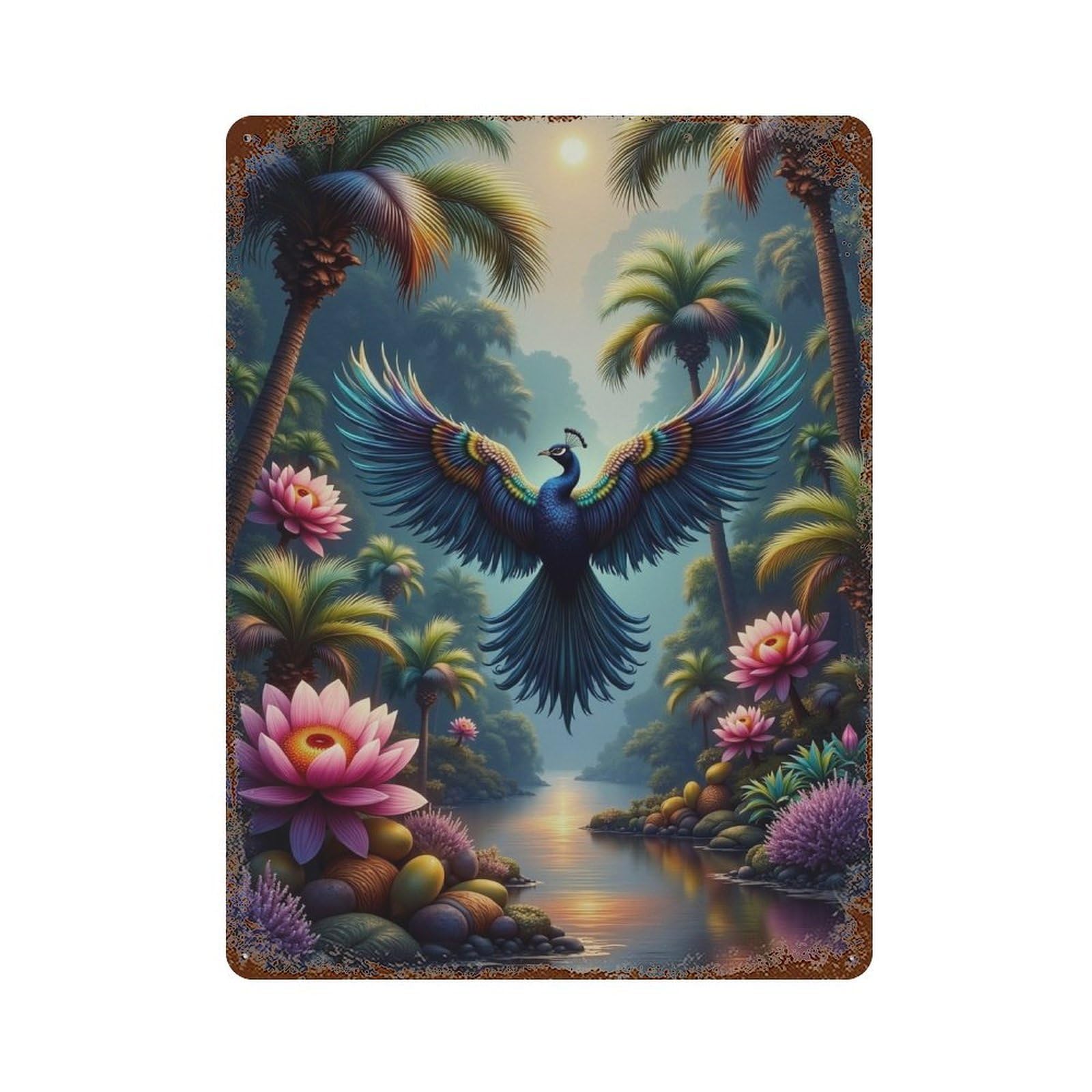 Jungle Peacock Paradise Aged Metal Wall Plaque 15.7"x11.8", Classic Wall Plaque for Garage, Pub Or Kitchen