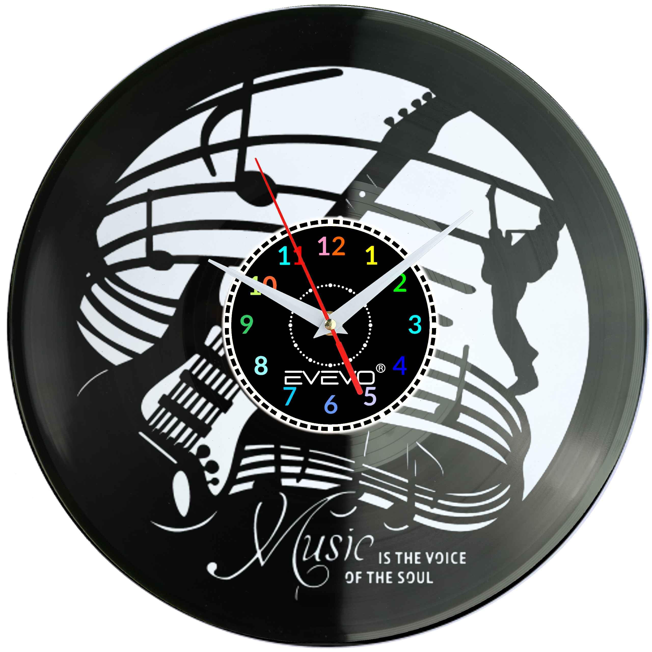 ZEGAR ŚCIENNY ZEGAR DLA MELOMANA JAZZ MUZYKA GITARA FLUORESCENCYJNE TŁO PŁYTA WINYLOWA PREZENT UPOMINEK URODZINY EVEVO F0047