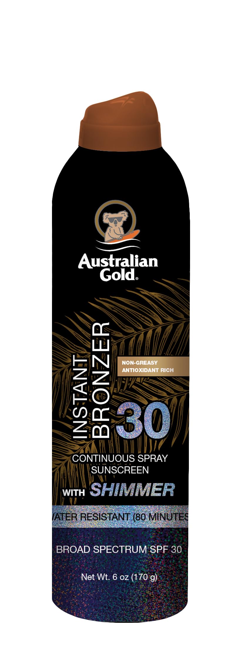 Australian Gold SPF 30 Continuous Sunscreen Spray with Instant Bronzer Shimmer 6 oz Broad Spectrum UVA UVB Protection