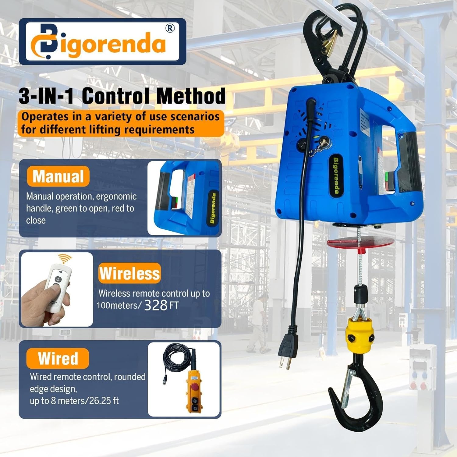 3-in-1 Electric Hoist Winch with Wire Wireless Remote Control,1100lb Portable Electric Power Winch,1500W Electric Hoist Crane,26FT Lifting Height, for Warehouse, Garage, Lifting Towing
