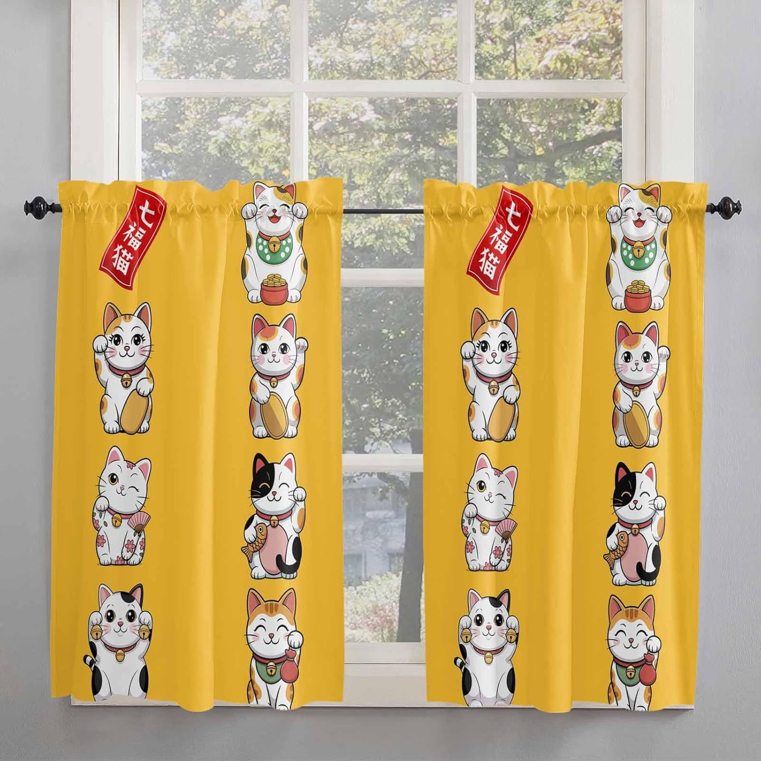 Lucky-Cats Kitchen Curtain 54 Inch Length, Small Short Cafe Tiers Curtains Drape, 2 Panel Window Treatment Rod Pocket Drapery Panels Curtains Japanese Noren Colored Traditional Asian Yellow 84x54