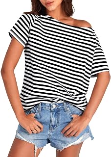 Womens Cotton Oversized Tshirts Boat Neck Off Shoulder Short Sleeve Tops Loose Fit Summer Streetwear Clothes