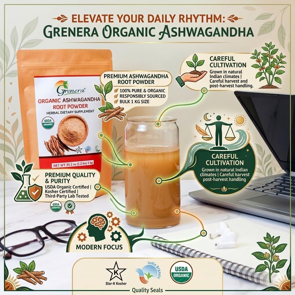 Grenera Organic Ashwagandha Powder 2.2 lbs (35.2 Ounce) (Withania somnifera) - Organic, Vegan, Kosher Certified