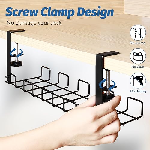 Miniatura 5 de Paquete de 2 bandejas de organización de cables de 15.7 pulgadas para debajo del escritorio, sin taladros, bandeja de malla metálica para organizar