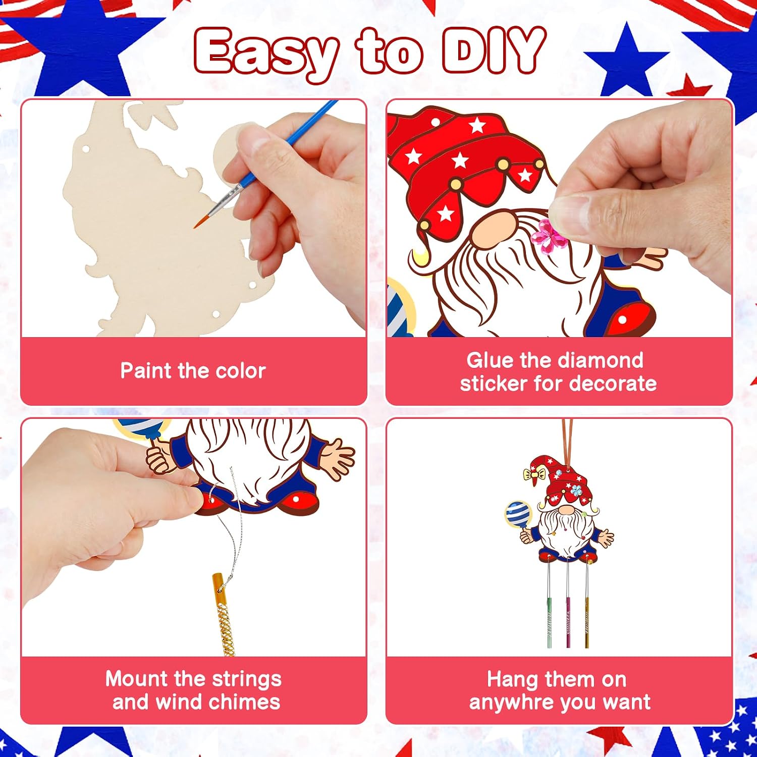 10 Pack 250th Anniversary 4th July Crafts DIY Patriotic Arts and Crafts Make Your Own Wind Chime Kits Coloring Wooden Ornaments Decorations for USA Independence Day Party Classroom Activity