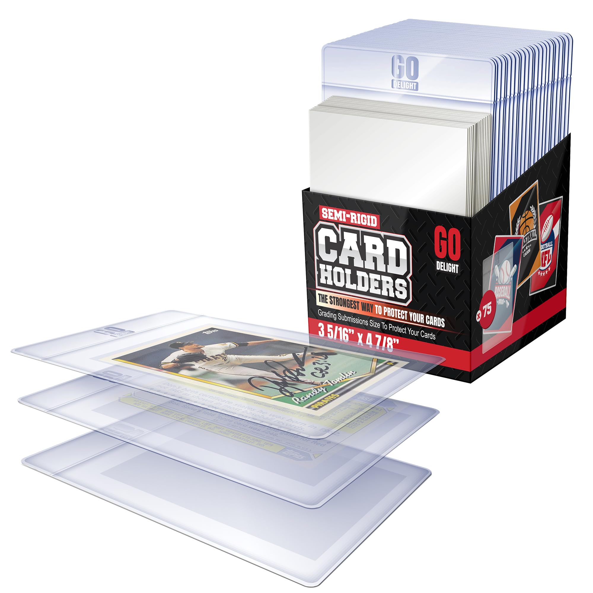 Semi Rigid Card Holders – 75 Card Holders for Trading Cards and 75 Penny Sleeves - 150 Bundle – Baseball Card Sleeves - Trading Card Protectors - 3-5/16" x 4-7/8" Including 1/2" Lip