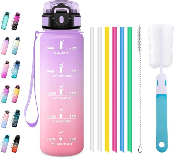 Trinkflasche 1L, Wasserflasche mit Strohhalm, Auslaufsicher, Kohlensäure Geeignet, Sportflasche mit Zeitmarkierung, für Schule, Camping - 1
