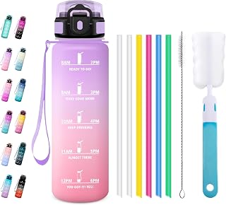 Trinkflasche 1L, Wasserflasche mit Strohhalm, Auslaufsicher, Kohlensäure Geeignet, Sportflasche mit Zeitmarkierung, für Schule, Camping