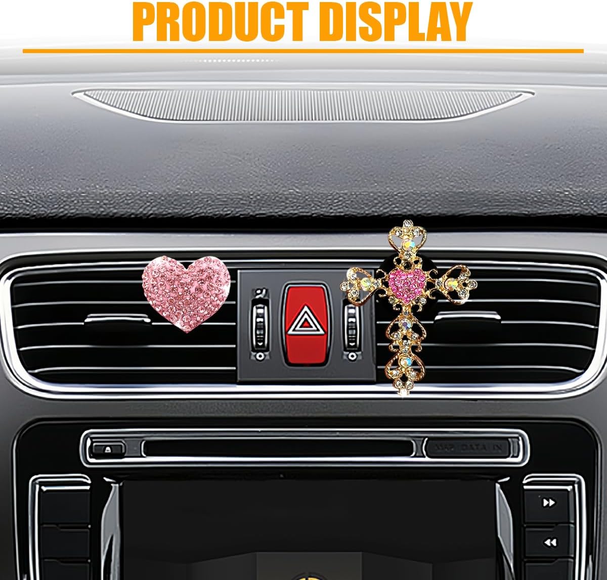 2PCS Bling Crystal Cross & Heart Car Air Vent Clip- Sparkly Rhinestone Car Dashboard Air Conditioner Outlet Clip Charm- Diamond Auto Interior Decoration Clips for Women (Pink) thumbnail