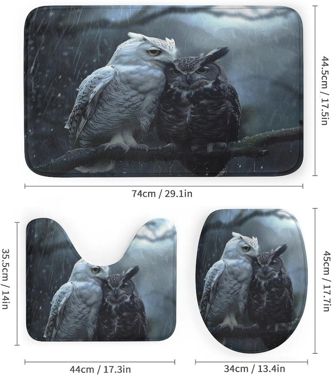 4Pcs Lovely Owl Moon Shower Curtain Set with Toilet Lid Cover Non-Slip Rugs for Bathroom, Black Night Branch Bird Shower Curtain Bathroom Sets with Hooks, 72x72 Inch