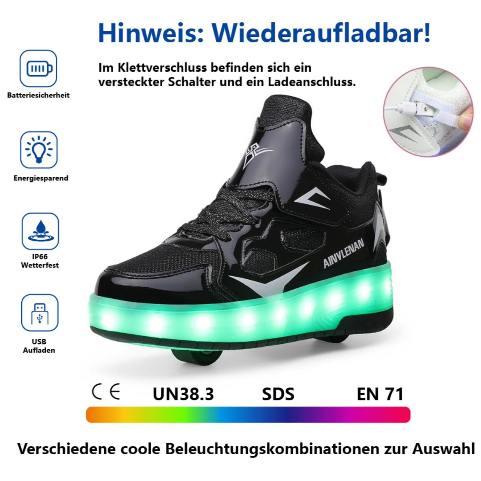 Sneaker per Bambini,Scarpe da Skateboard a Due Ruote,Luce a Cambio Colore Regolabile,Ricarica USB,universali per Ragazzi e Ragazze,Nero Rosa Oro Argento 27–40 EU