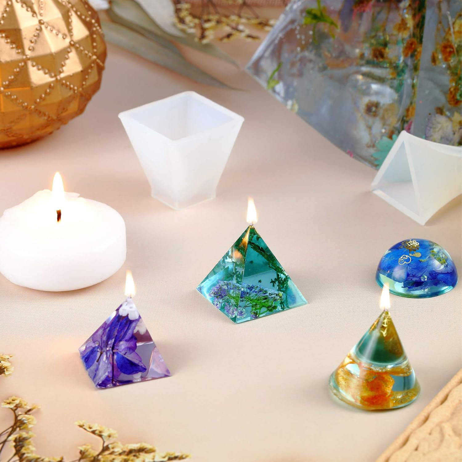 6 Pieces Big Pyramid Resin Mold with Sphere, Triangular Cone, Round Cone, Diamond Shape, Small Pyramid Silicone Resin Mold Jewelry Making Craft Mold for DIY Craft Ornament and Home Decoration