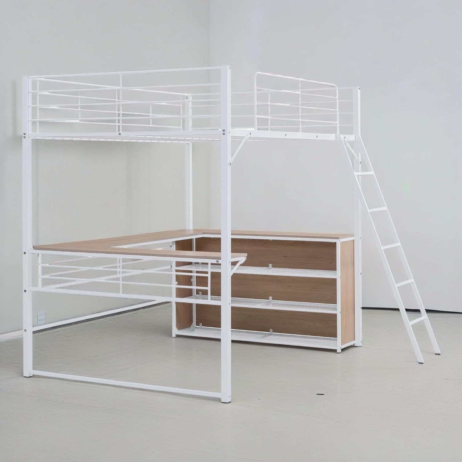 ROOMTEC Loft Bed Frame with L-shaped desk and shelves from a side view
