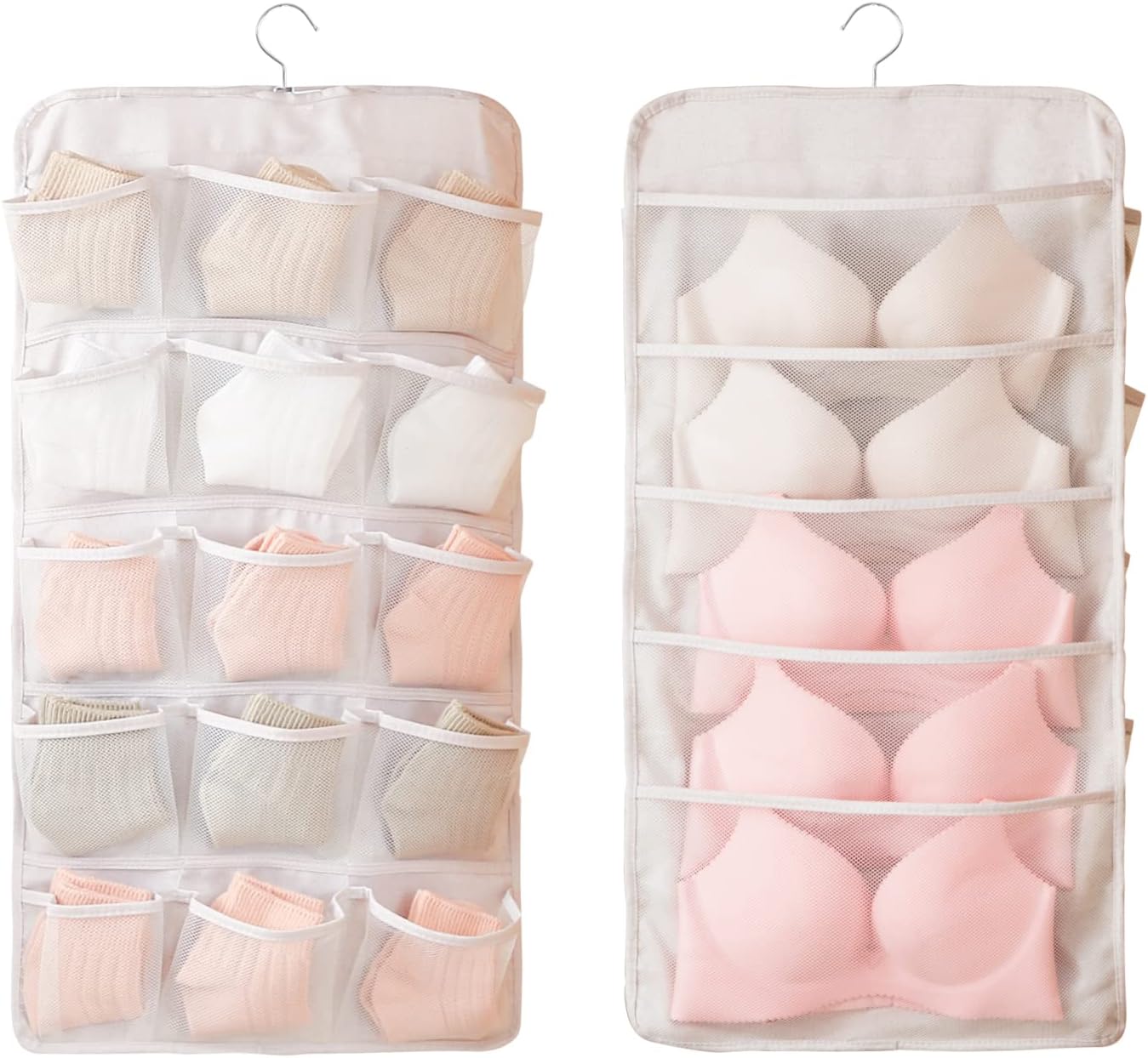 Bseash Enlarged Closet Hanging Bra Organizer with Rotating Metal Hanger, Dual Sided Wall Shelf Wardrobe Mesh Pockets Hanging Storage Bag for Bra Socks Underwear Underpants
