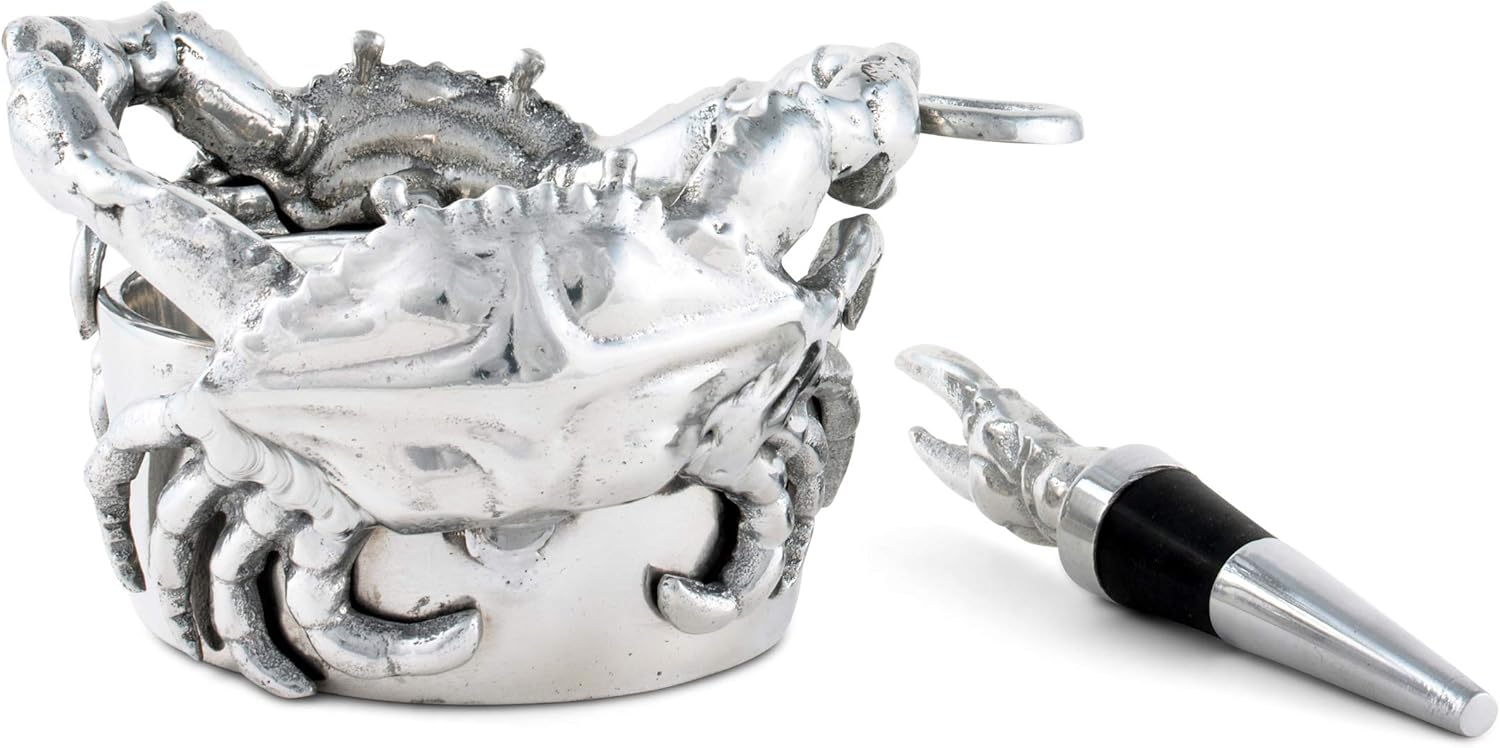 Arthur Court Crab Metal Aluminum Wine Holder/Coaster and Bottle Stopper Set 5 inch Diameter
