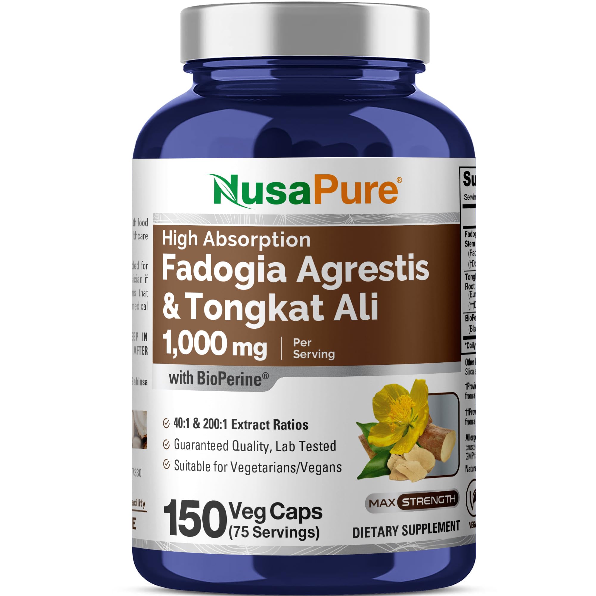 NusaPure Suplemento Herbal com Fadogia Agrestis e Tongkat Ali 1000 mg, 150 cápsulas vegetais