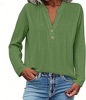 Camiseta Mujer Lino Algodón Manga Larga Camisa Ligero Primavera Verano Moda Casual Cuello en V Botones Color sólido Suelto Cómodo Tops T-Shirt Basic tee Talla Grande Transpirable Blusa 2025