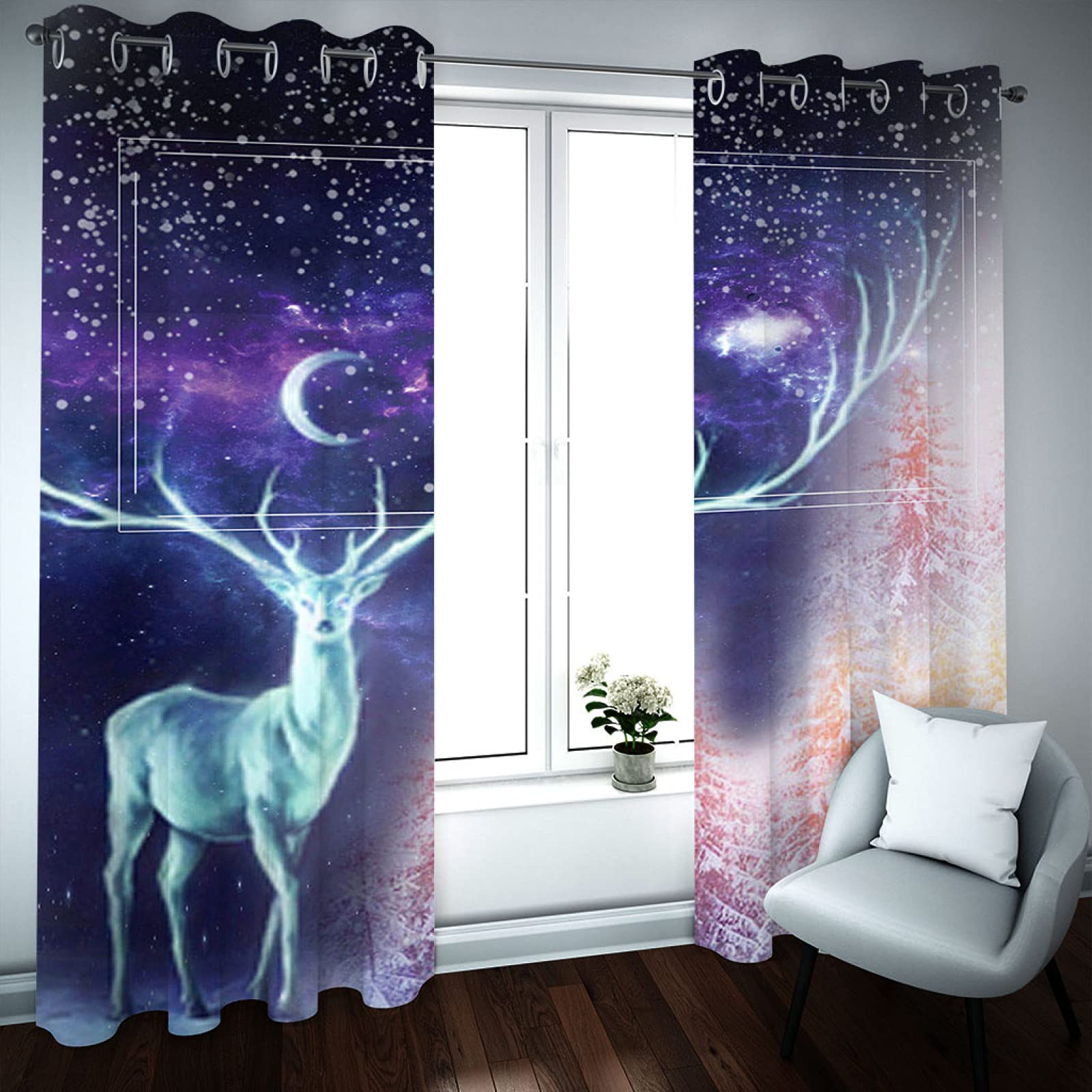Cortinas Opacas para Salon Moderno - Cortinas Termicas Aislantes con Ollaos - Dormitorio Cocina Decoracion - 3D Alces del Bosque De Estrellas, 2 Piezas 280 X 260 Cm（An X Al）