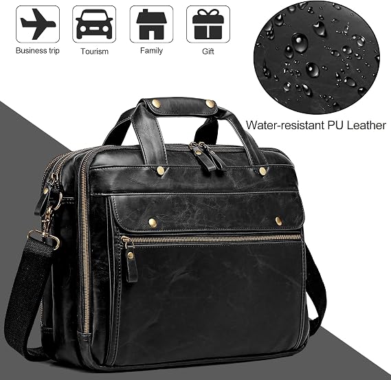 Bosidu Leather Briefcases for Men 15.6 Inch Laptop Messenger Bag with Triple Compartments Water-Resistant Computer Shoulder Bag for Business, Travel, Work, Office, Black