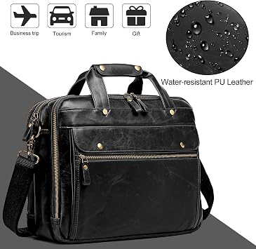 Bosidu Leather Briefcases for Men 15.6 Inch Laptop Messenger Bag with Triple Compartments Water-Resistant Computer Shoulder Bag for Business, Travel, Work, Office, Black