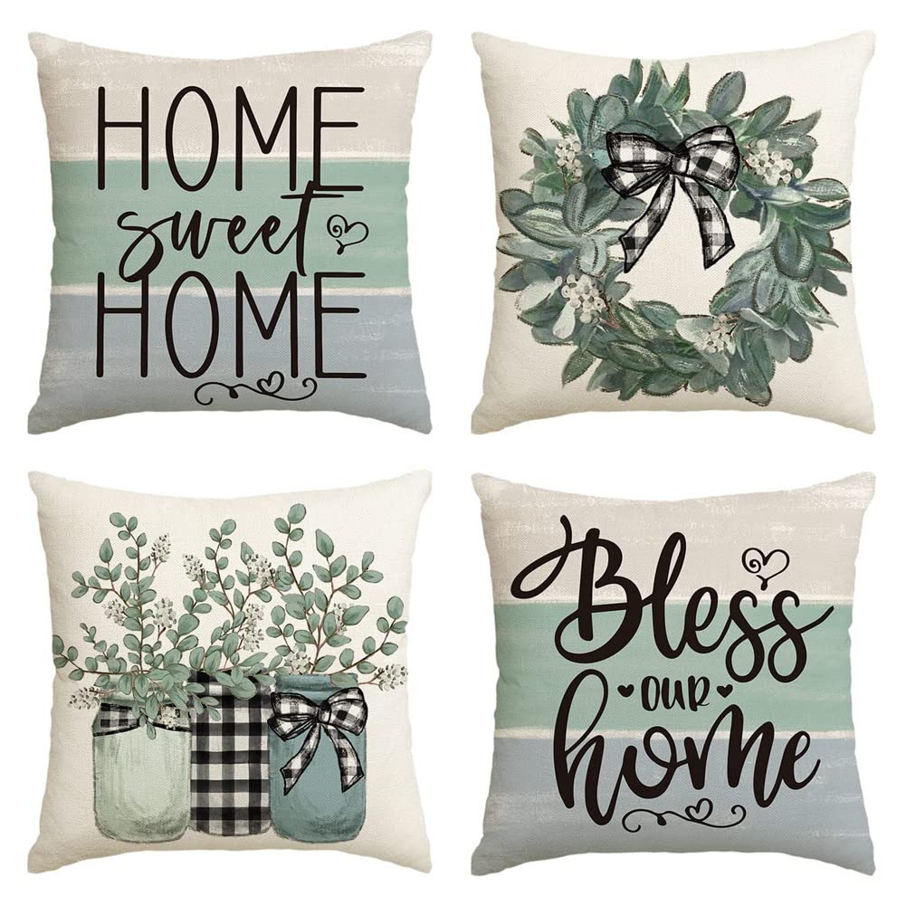 ISTOVO 4PCS Spring Cushion Covers Spring Decorations Eucalyptus Farmhouse Cushion Cover 18X18 for Sofa