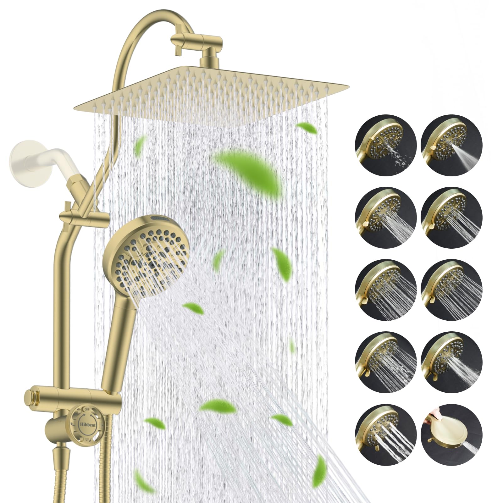 Hibbent High Pressue All Metal 10" Rainfall Shower Head, Handheld 10-Spray